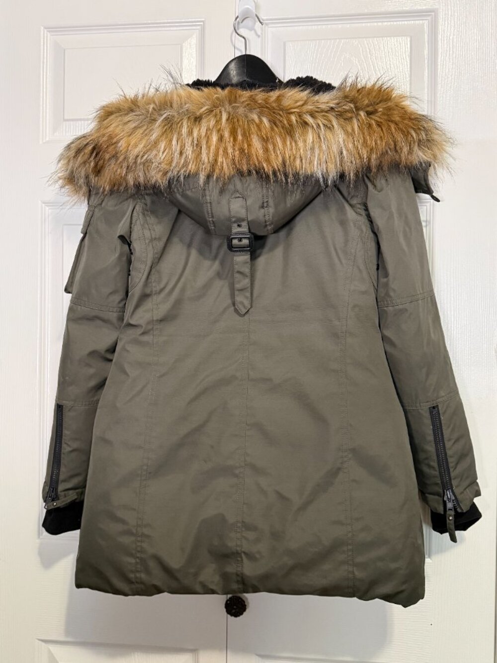 S13 New York Olive Green Down & Feather Lined Parka Coat Faux Fur Hood Size S - Picture 7 of 8